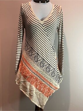 Belldini Cream, Black & Orange Striped V-Neck Tunic